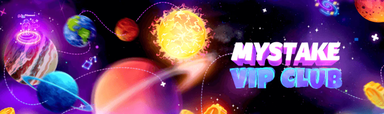 MyStake Casino bannière du programme VIP Galaxy avec des planètes colorées, un univers spatial et le logo MyStake VIP Club