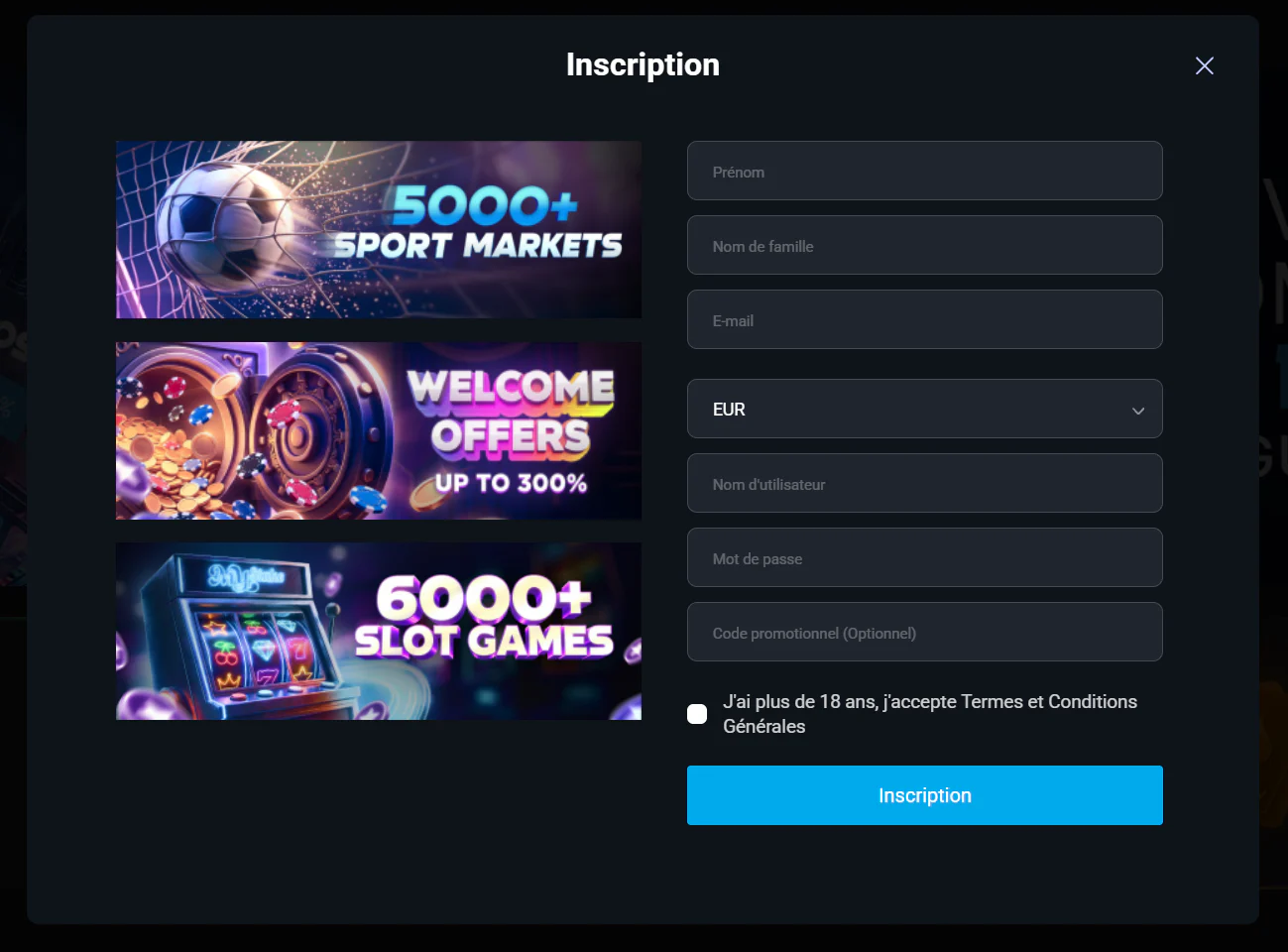 MyStake Casino formulaire d'inscription avec coordonnées personnelles, choix de devise, code promotionnel et bannières présentant les offres de bienvenue, les paris sportifs et les machines à sous