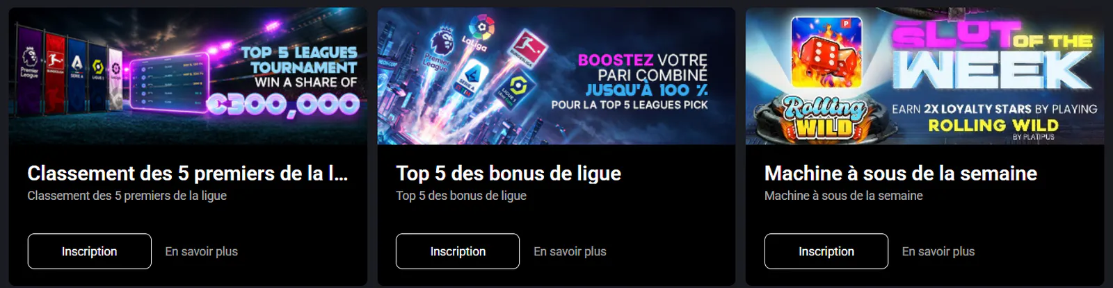 MyStake Casino promotions disponibles : tournoi Top 5 Leagues avec 300 000 € de dotation, bonus de paris combinés jusqu'à 100 % et machine à sous de la semaine Rolling Wild